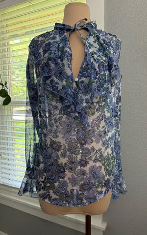 Sabina Musayev Sheer Floral Ruffle Tie-Neck Blouse Size XS thumbnail 1