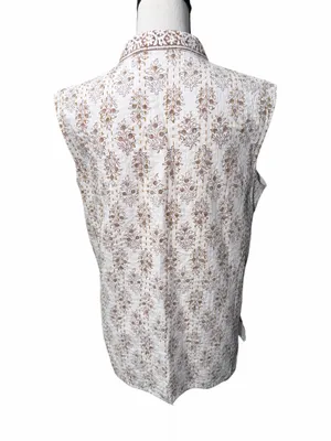 Ivory Brown Floral Print Button Front Sleeveless Vest Lightweight Boho Size M thumbnail 3