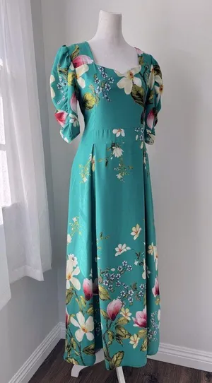 Minh Phuong Teal Floral Print Sweetheart Neckline Half Sleeve Maxi Dress thumbnail 5