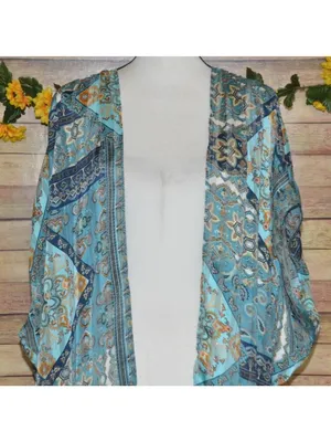 Umgee Womens S/M Blue Paisley Metallic Kimono Duster Boho Open Front Cardigan thumbnail 3