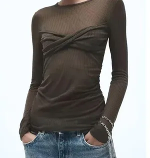 Zara NWT Brown semi sheer rib ruched top. Size Medium thumbnail 1