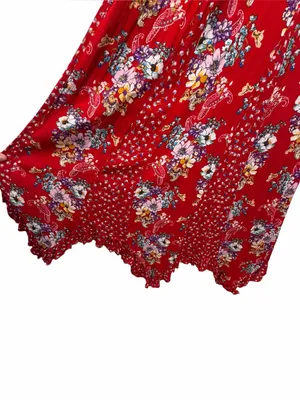 Bila Red Floral Boho Maxi Dress Hankerchief Hem Cottagecore Festival Flowy L thumbnail 6