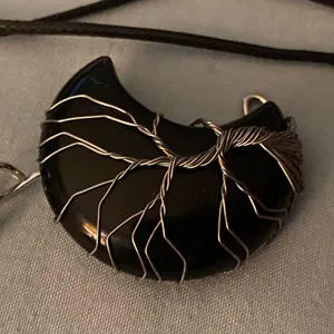 16” Black Cord Necklace Obsidian Black Moon Pemdant Silver Wrap Tree Of Life thumbnail 4