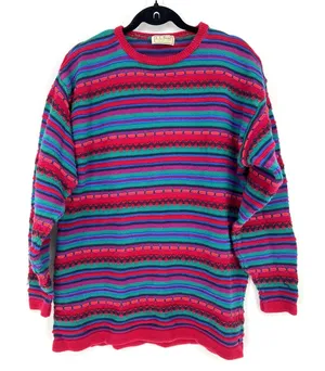 VTG 90s L.L. Bean‎ 3D Knit Sweater Medium Multicolor Stripe USA Cottage Grandma thumbnail 1