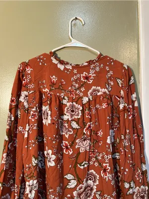 Loft Women's Size Large Petite Blouse Orange White Floral Button Down Ruffle‎ thumbnail 9