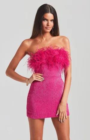 NWT Retroféte Torin Sequin Bandeau Ostrich-trim Mini Dress In Pink. Size Large thumbnail 3