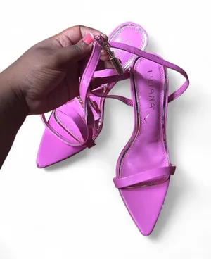 Liliana Pink Strappy Stiletto Heels Pointed Toe Gold Lock Y2K Glam Femme Fatale thumbnail 1