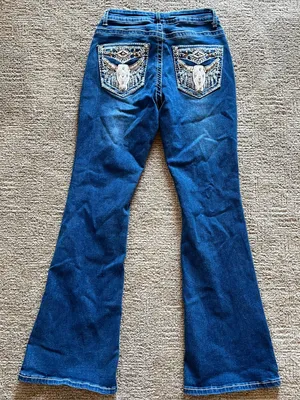 Y2K Western mid rise Leather bull Embellished Dark Blue Jeans thumbnail 3