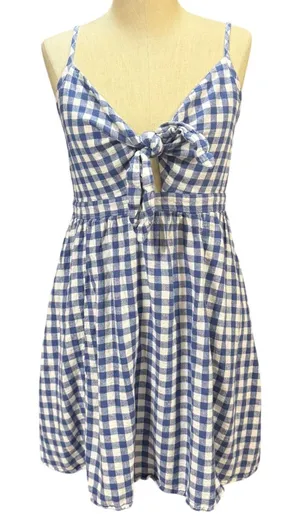 Old Navy L SL Tie Front Gingham Mini Dress Blue White Linen Blend Summer Picnic thumbnail 1