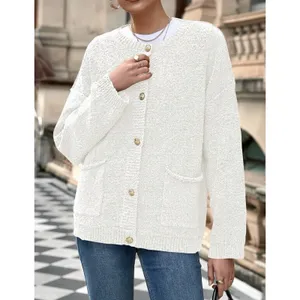 Women's Cozy Knit Cardigan Button Down Crewneck Long Sleeve Sweater White S thumbnail 2