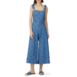 Hunter Bell Alex Denim Wide Leg Crop Jumpsuit Tie Straps With Side Zip‎ Size 0 thumbnail 2