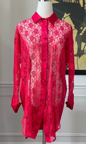 Vintage Gold Label Victoria’s Secret Red Lace Satin Night Shirt Pajamas S thumbnail 1