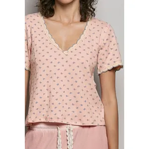POL Floral V-Neck Short Sleeve Rib T-Shirt - Soft Pink - Medium thumbnail 6
