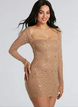 Windsor Long Sleeve Rhinestone Mesh Mini Dress thumbnail 1