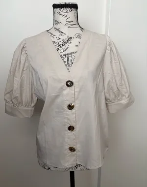 Women's Cream V-Neck Button Front Puff Sleeve Blouse thumbnail 1