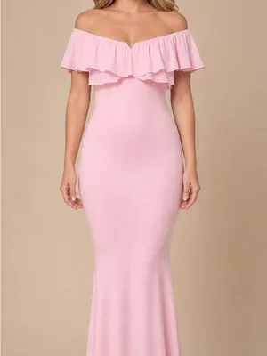 Women’s Pink Off-Shoulder Ruffle Stretch Maternity Mermaid Maxi Gown thumbnail 5