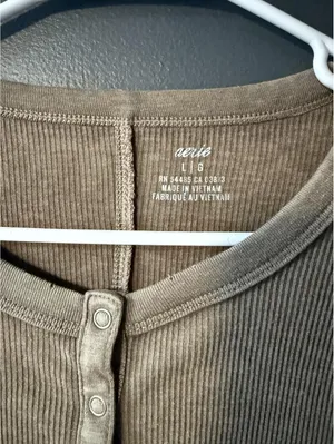 Aerie Brown Ribbed Long Sleeve Henley Top Size L thumbnail 3