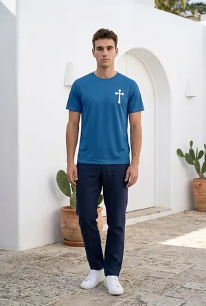 Men’s Premium Quality Blue Shirt with White Cross Size XL thumbnail 4