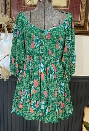Free People Endless Summer Picnic Emerald Green Floral Boho Mini Dress - Sz S 🧡🎀 thumbnail 1