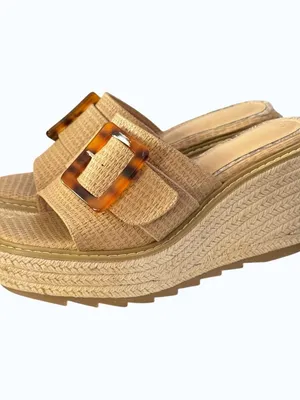 Chunky Wedge Raffia Espadrille Platform Slide Sandals With Tortoiseshell Buckle thumbnail 15