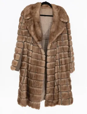 Vintage Genuine Leather Fur Patch Work Full Length Jacket Coat Brown thumbnail 1