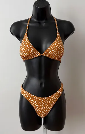 Rhythm‎ Polka Dot Bikini Set Rust Orange White Triangle Top S High Cut Bottoms M thumbnail 1