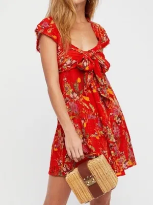 Free People Med Maia Mini Dress Red Gauze Floral Resort Front Wrap Tie Tropical thumbnail 6