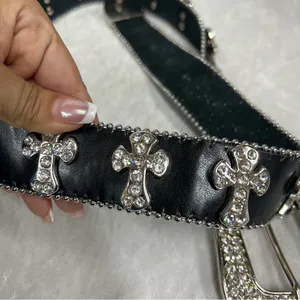 Y2K Crystal Embellished Black Belt western crosses studded motorcycle cowgirl thumbnail 3