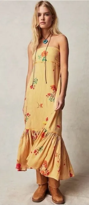 Free People Bohemian Rosie Posie Strapless Midi Dress Yellow Floral Size XL thumbnail 1