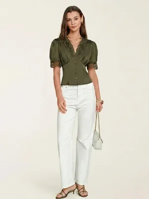 Rihoas Green V Neck Puffed Sleeve Lace Blouse thumbnail 4