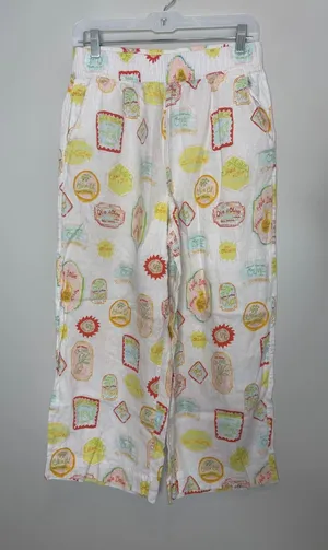 Cynthia Rowley Linen Pants Womens M Olive Oil Print Wide Leg Resort Coastal thumbnail 1