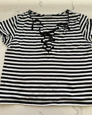 MOTHER Black and White Striped Lace-Up Tee thumbnail 1