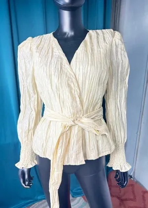 NBD Womens Cream Crinkle Wrap‎ Tie Waist Long Sleeve Blouse Top Size S thumbnail 1