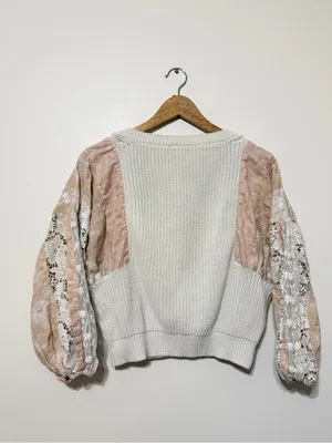 Anthropologie Pilcro Martine Peasant-Sleeve Sweater Boho Blush Medium Patchwork thumbnail 6