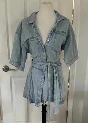 We The Free Light Blue Denim Tied Short Sleeve Dress thumbnail 1
