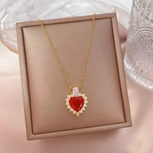 18K Gold Plated Birthstone Crystal Love Heart Ruby Pendant Necklace for Women thumbnail 4