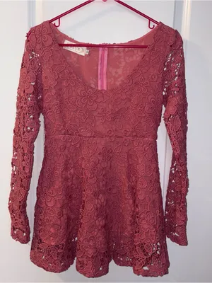 Lace Scoop-Neck Pink Long Sleeve Mini Dress Size: S thumbnail 1