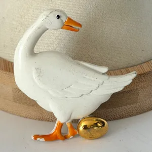 Vintage JJ Jonette Goose Golden Egg Brooch White Enamel Figural thumbnail 1