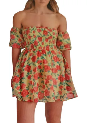 Betsey Johnson Babydoll Dress Sz L Floral Puff Sleeve Smocked Y2K‎ Mini New thumbnail 1