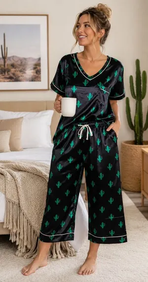 Women’s XL Cactus Pajama Set 2 Piece Satin Short Sleeve Wide Leg Capri PJs thumbnail 1