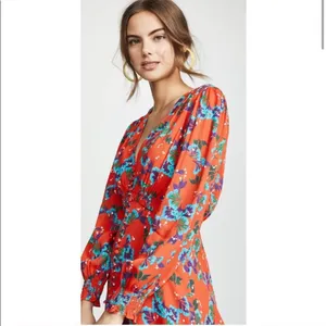 Saloni Eve Mini Dress Tangerine Sweetpeas‎ Chiffon Viscose Smock V Neck Size 0 thumbnail 5