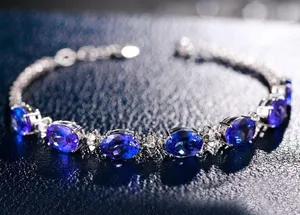 18K White Gold Plated Adjustable Artificial Sapphire Charm Bracelet for Women thumbnail 1