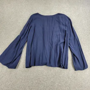 Abercrombie & Fitch Womens Boho Top M Blue Embroidery Tie Flowy Sleeves Keyhole thumbnail 3