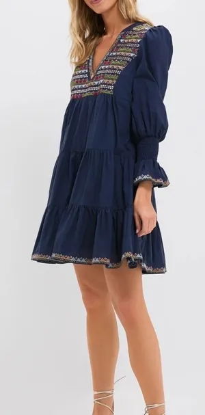 Pomander Place Womens‎ 100% Cotton Kenzo Dress M Navy Embroidered Sequin Tiered thumbnail 1