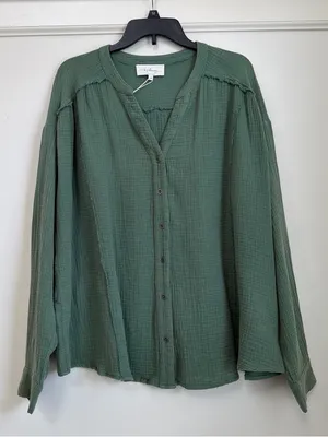 in february Sage Mineral Wash Cotton Gauze Raw Seam Button Down Top Size M NWT thumbnail 1