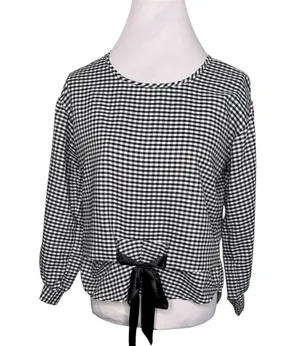 Gingham Black and White Plaid Gingham Bow Tie Front Blouse Long Sleeve Medium thumbnail 3