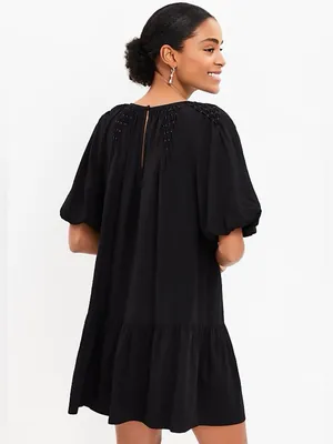 LOFT Smocked Pleated Flounce Dress Black Short Puff Sleeve Babydoll Dress Sz XL thumbnail 2