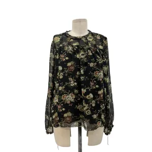 Aritzia Wilfred Long Sleeve Floral Print Chiffon‎ Blouse Black Green Size Medium thumbnail 3