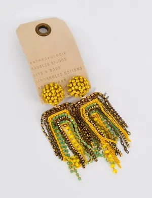 NWT Anthropologie Rhinestone Fringe Tassel Earrings Yellow Gold Blue thumbnail 1