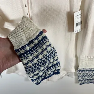 Free People Ivory Combo Henley Thermal Waffle Knit Crochet Cuff Top Large‎ Boho thumbnail 4